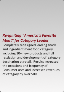 





re-igniting ??america??s favorite meat?? for category leader 
completely redesigned leading snack and ingredient meat food category including 10+ new products and full resdesign and development of  category destination at retail.  results increased the occasions and frequency of consumer uses and increased revenues of category by over 50%.
